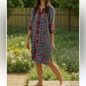 Johnny Was Ornellia Weekend  100% Linen Floral Embroidered Shift Dress Gray XL
